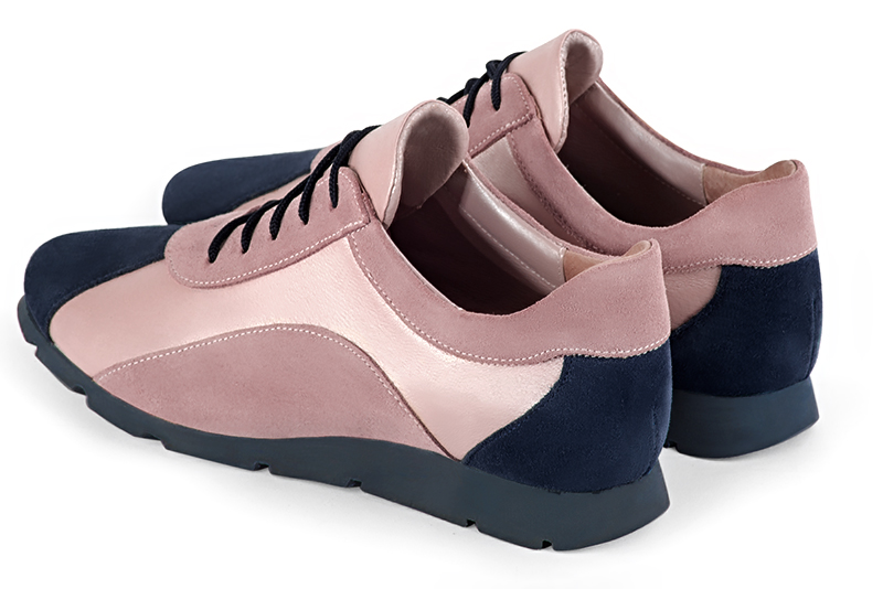 Navy blue and powder pink women's two-tone elegant sneakers. Round toe. Flat rubber soles. Rear view - Florence KOOIJMAN